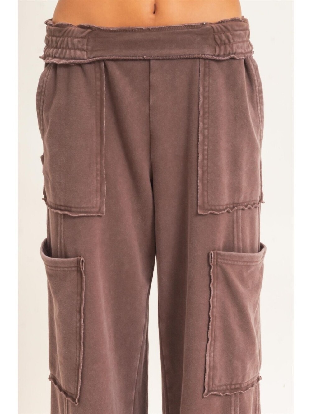 CloudDwellers Brown Mineral Washed Cotton Blend Wide Leg Cargo Sweatpants - Picture 3 of 7